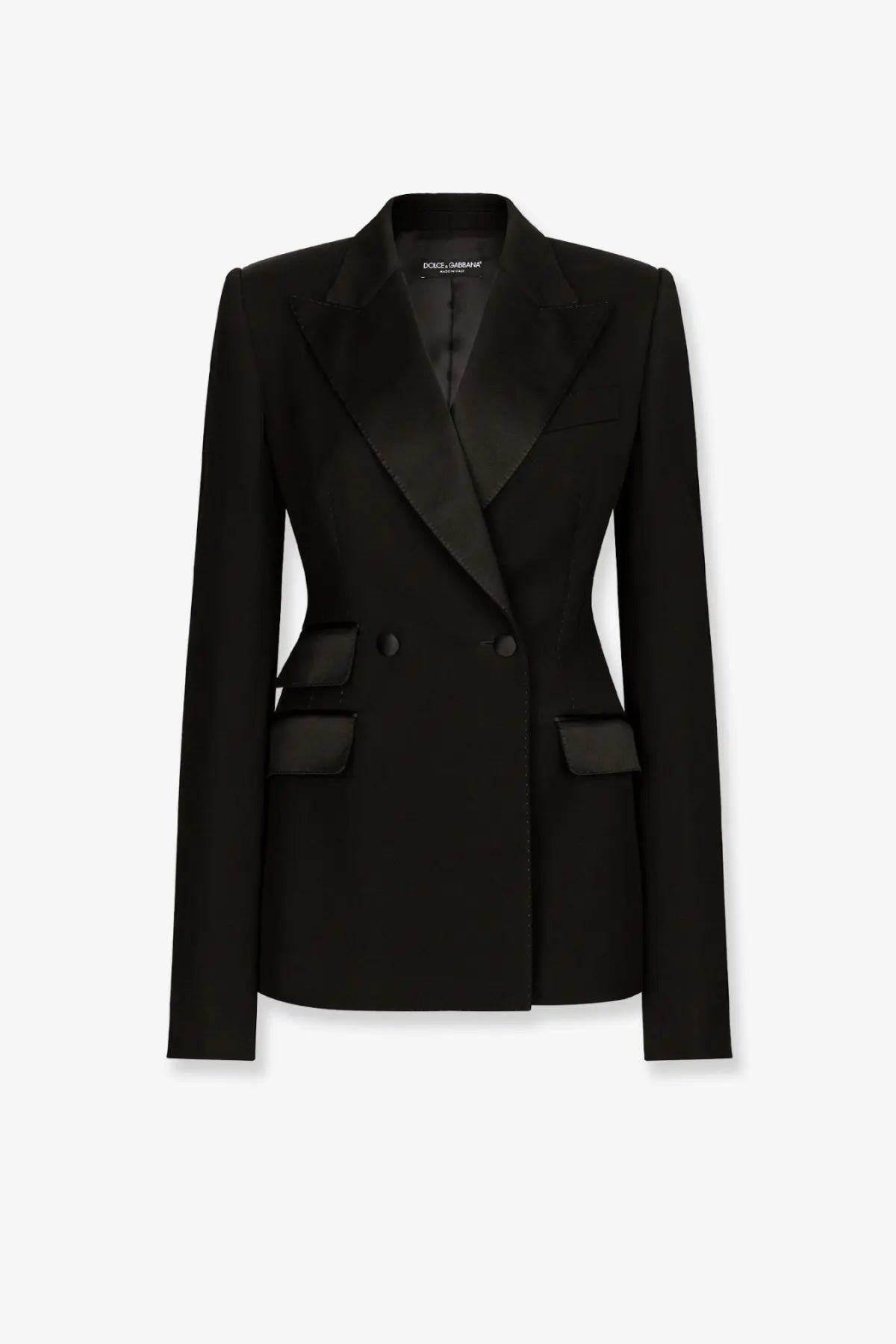 Dolce and gabbana women’s black double-breasted tuxedo blazer with satin lapels and virgin wool silk fabric