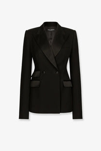 Dolce and gabbana women’s black double-breasted tuxedo blazer with satin lapels and virgin wool silk fabric
