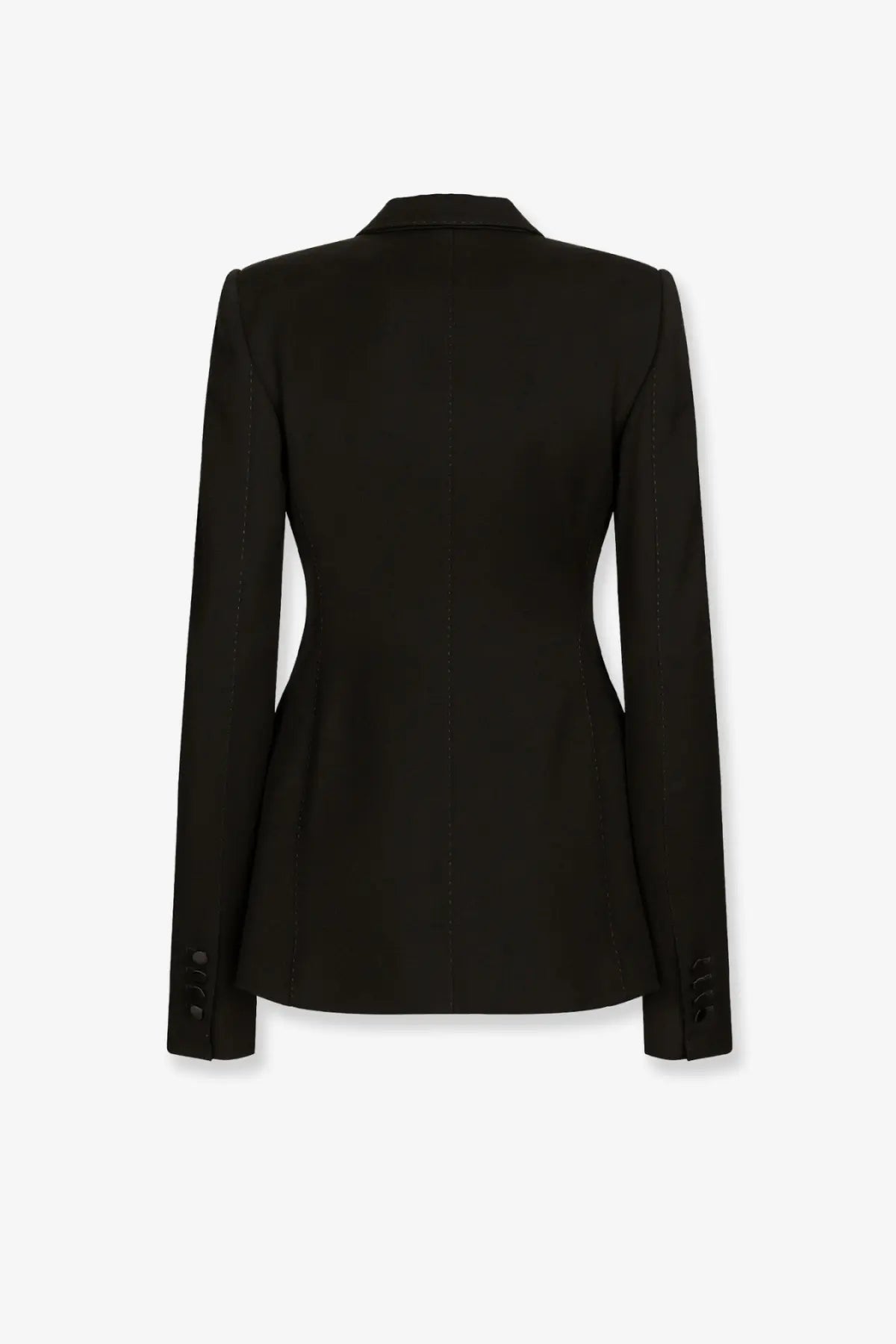 Dolce and Gabbana women’s black tailored tuxedo blazer in virgin wool and silk with structured shoulders and seam detailing