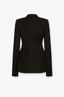Dolce and Gabbana women’s black tailored tuxedo blazer in virgin wool and silk with structured shoulders and seam detailing