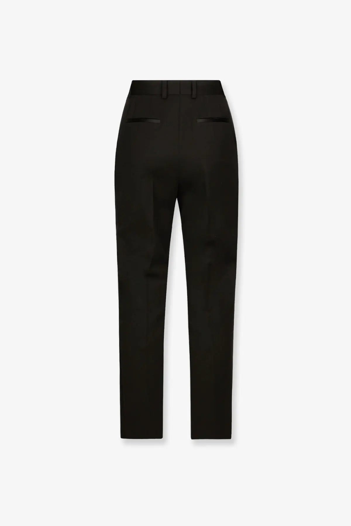 Dolce &amp; Gabbana women’s black tuxedo trousers in virgin wool and silk with sleek straight-leg cut and subtle back pockets shown from back