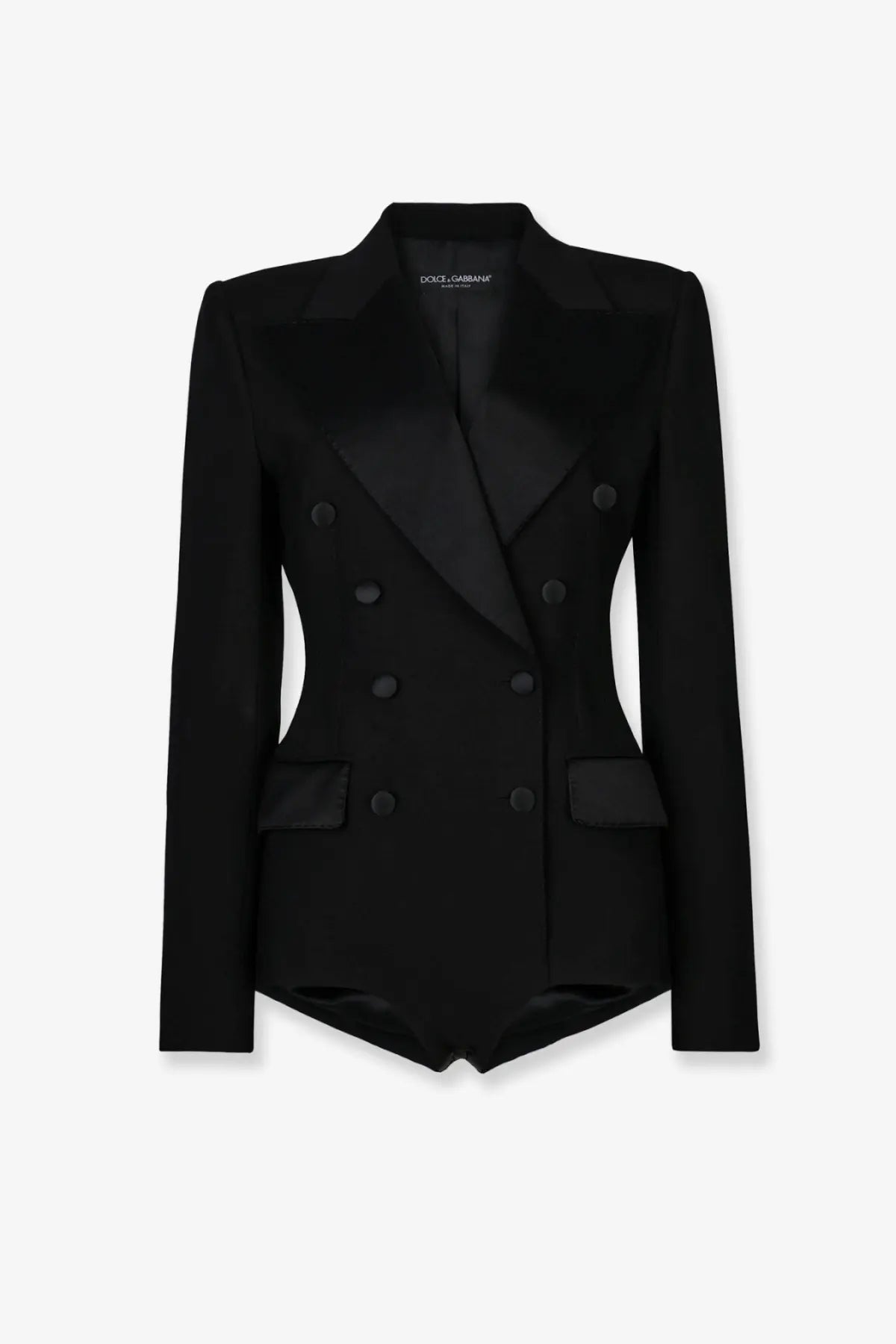 Dolce &amp; Gabbana women’s black virgin wool blend double-breasted tuxedo blazer with satin lapels and structured shoulders