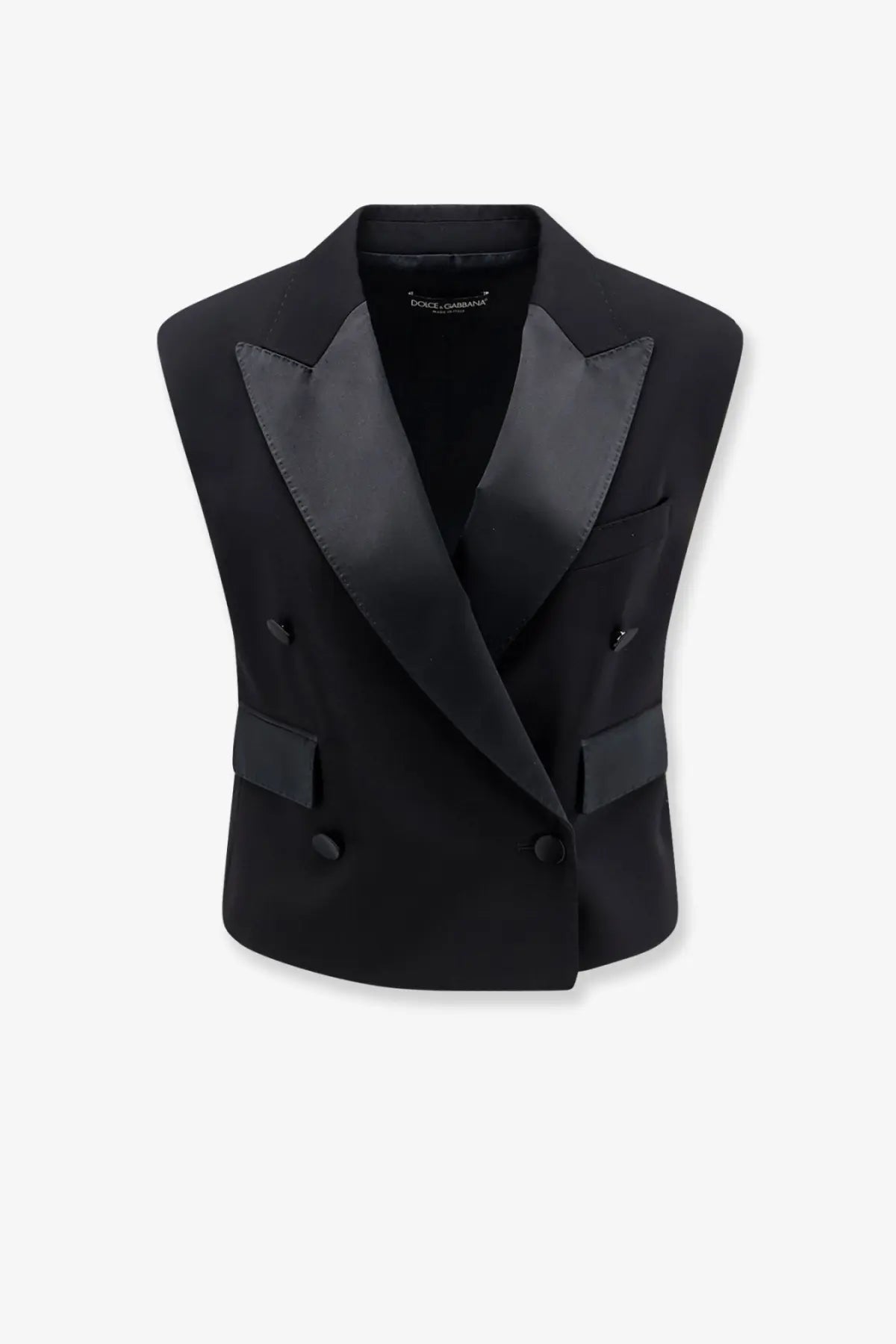 Dolce and gabbana womens black virgin wool and silk blend double breasted tuxedo vest with satin lapels and buttons
