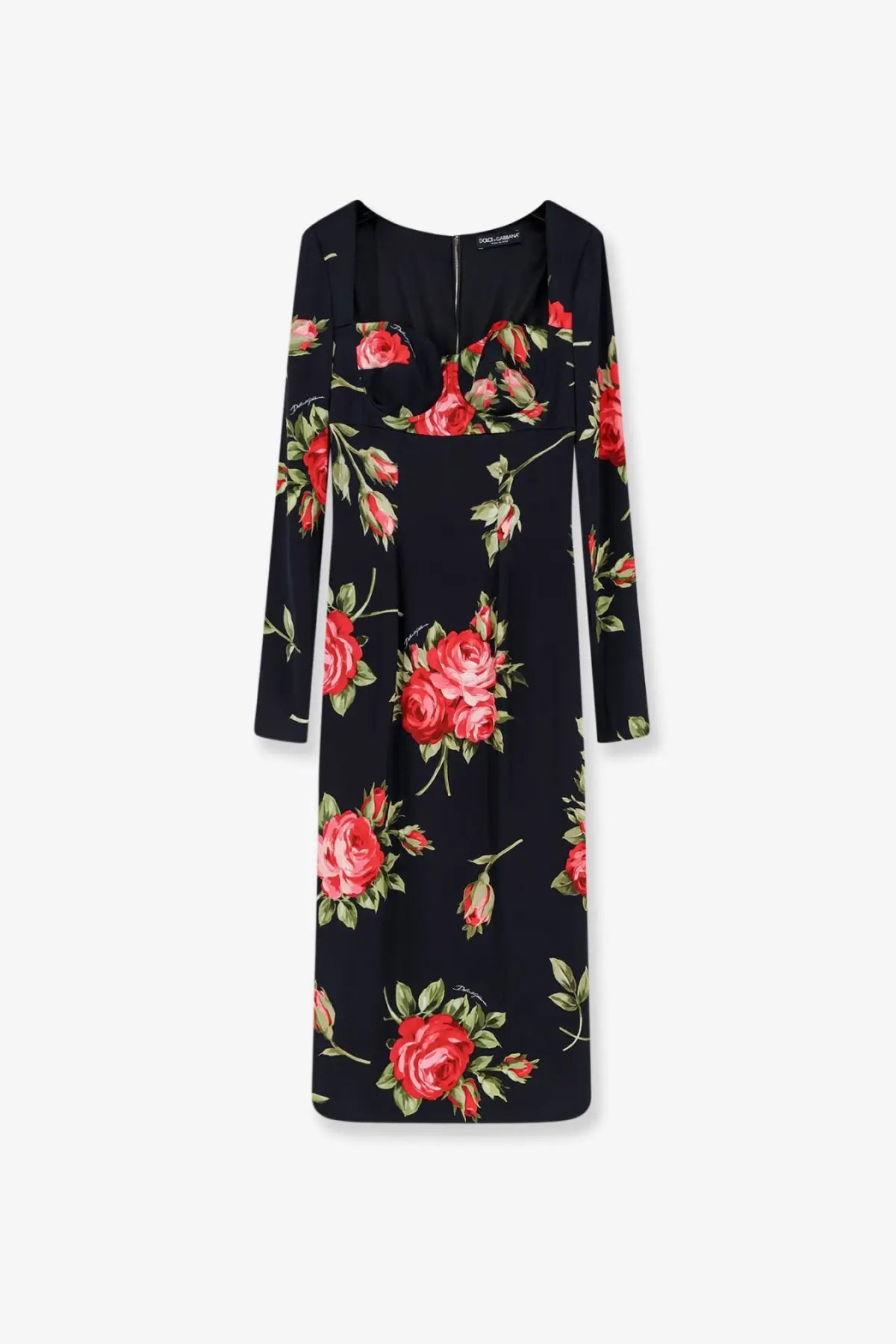 Dolce &amp; Gabbana women’s black viscose dress with red rose floral pattern green leaves long sleeves and square neckline