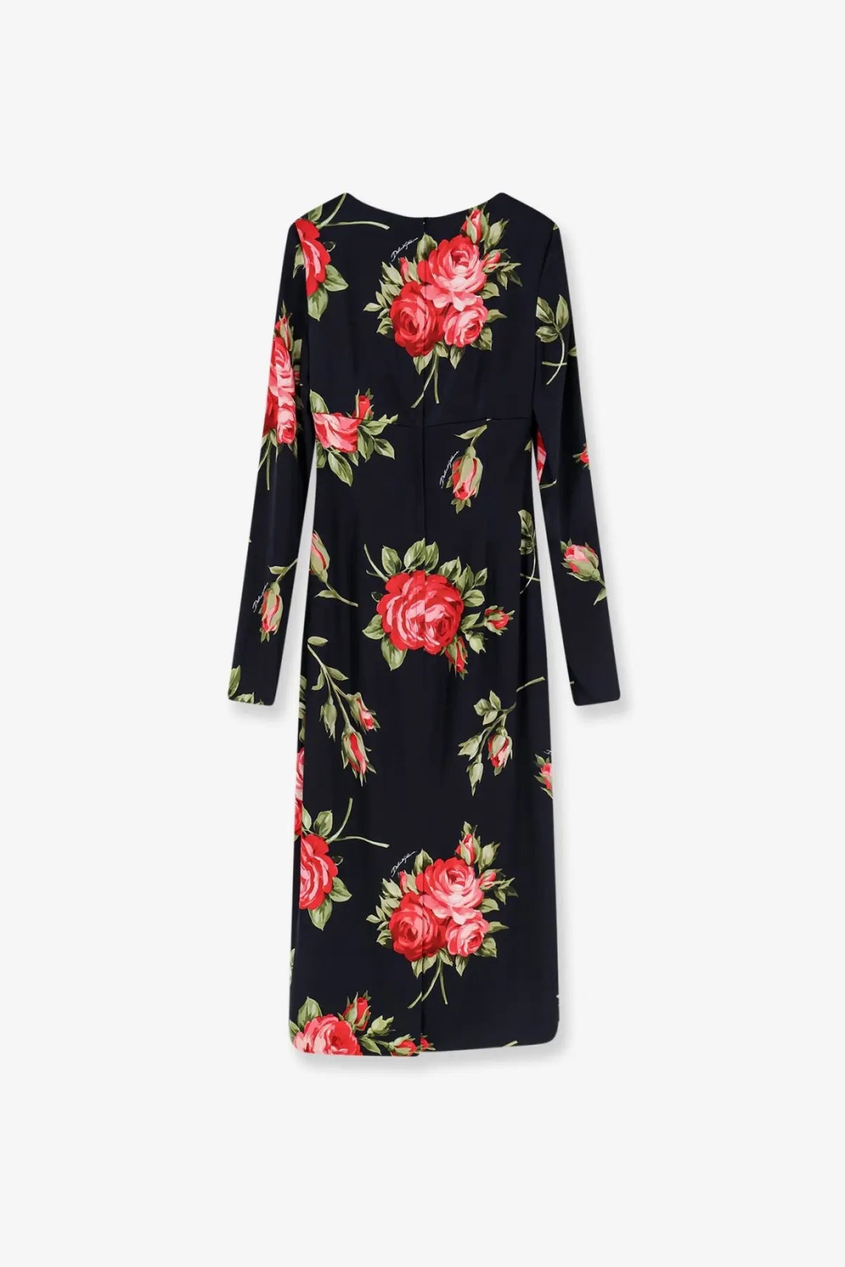 Dolce &amp; Gabbana women’s viscose black dress with long sleeves and red rose floral pattern with green leaves