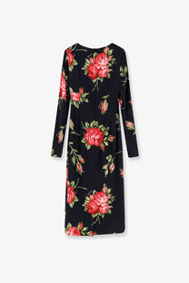 Dolce &amp; Gabbana women’s viscose black dress with long sleeves and red rose floral pattern with green leaves