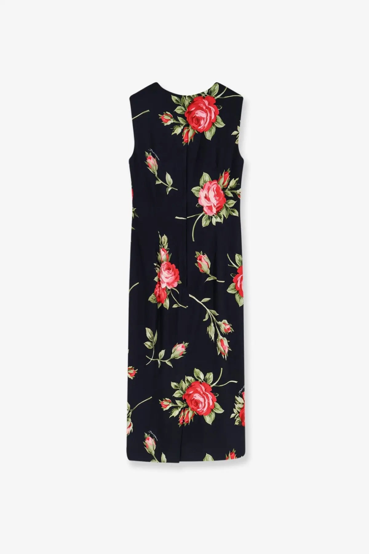 Dolce &amp; Gabbana women’s navy blue sleeveless viscose dress with vibrant red rose and green leaf pattern