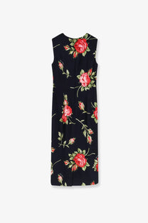Dolce &amp; Gabbana women’s navy blue sleeveless viscose dress with vibrant red rose and green leaf pattern
