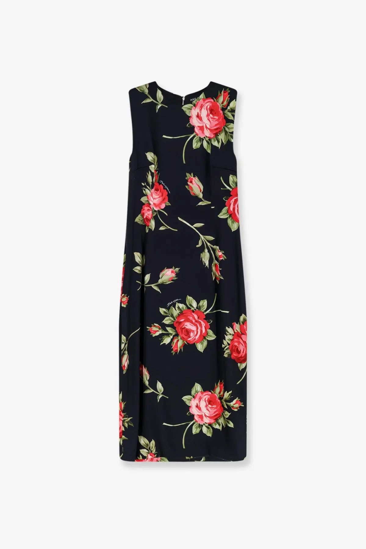 Dolce &amp; Gabbana women’s black viscose sleeveless dress with vibrant red rose floral pattern and green stems and leaves