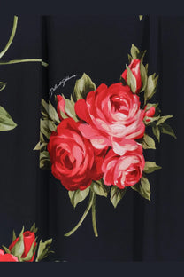 Dolce &amp; Gabbana women’s viscose dress black featuring vibrant red roses with green leaves on dark navy fabric