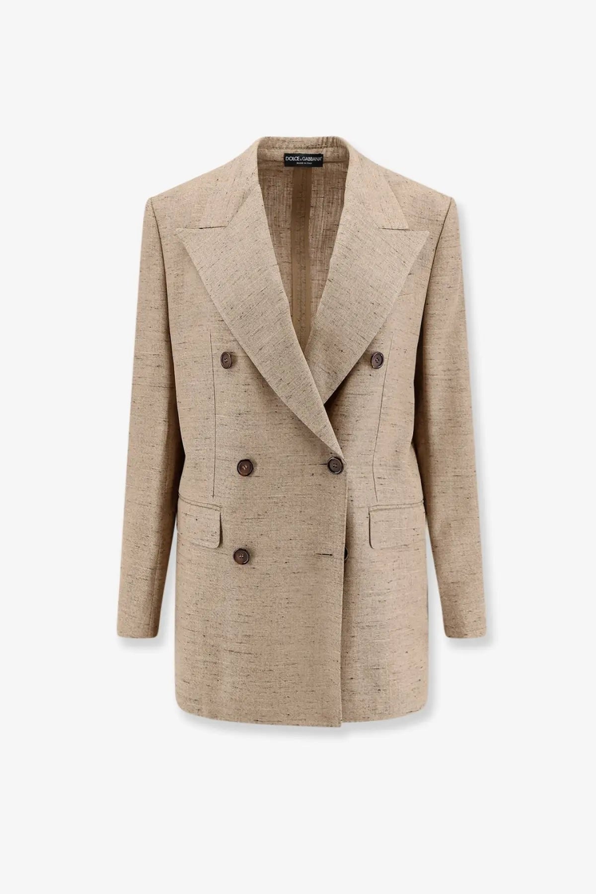 Dolce &amp; Gabbana women’s beige double-breasted viscose and linen blazer with textured weave and dark brown buttons