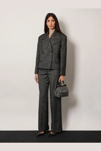 Dolce &amp; Gabbana women’s double breasted gray herringbone wool blazer with matching wide leg trousers and handbag