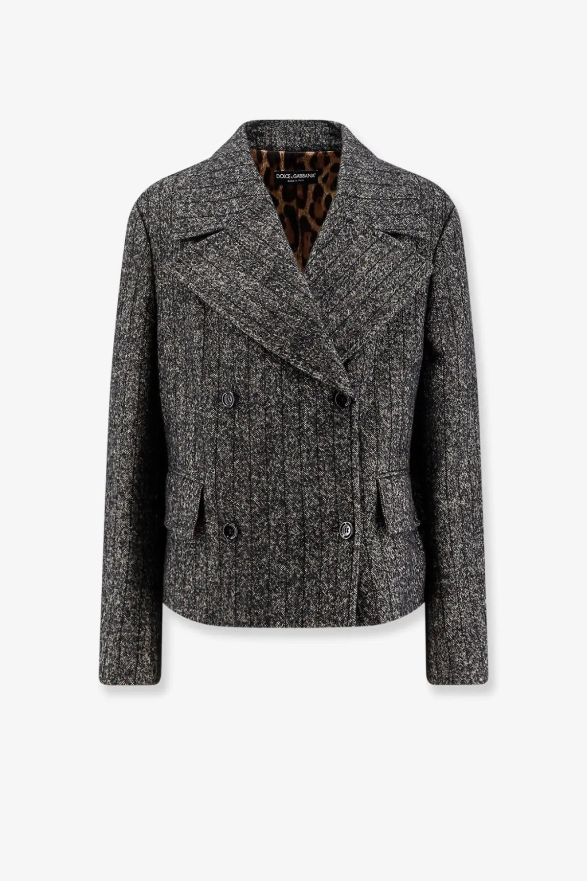 Dolce &amp; Gabbana women’s gray and black wool blend double-breasted blazer with leopard print lining and notched lapels