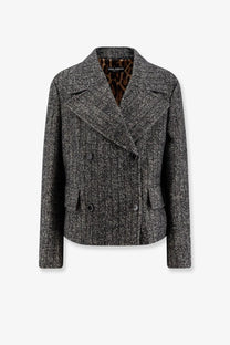 Dolce &amp; Gabbana women’s gray and black wool blend double-breasted blazer with leopard print lining and notched lapels