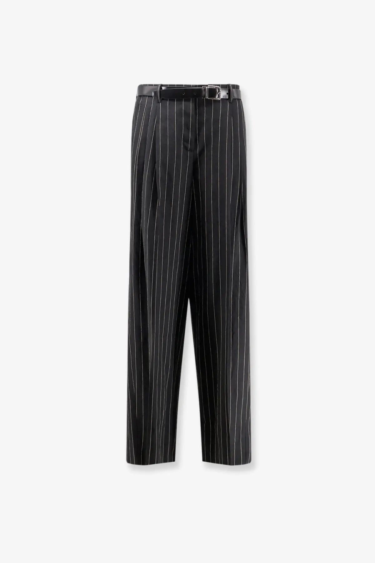Dolce &amp; Gabbana women’s black pinstripe wool and linen blend trousers with a wide-leg cut and matching belt