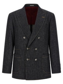 Brunello Cucinelli Double Breasted Denim Blazer Blue