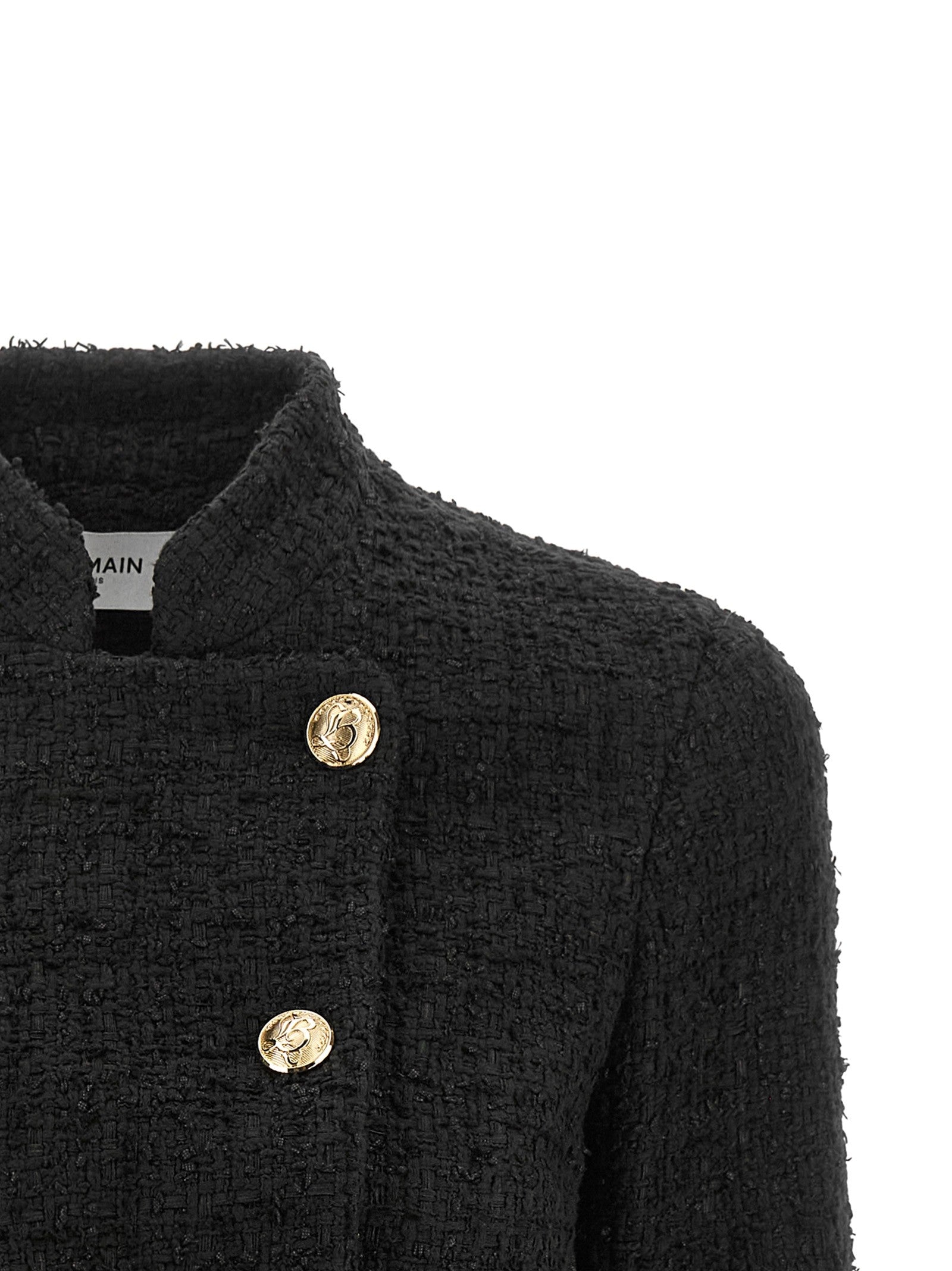 Balmain Double Breasted Tweed Short Jacket Black