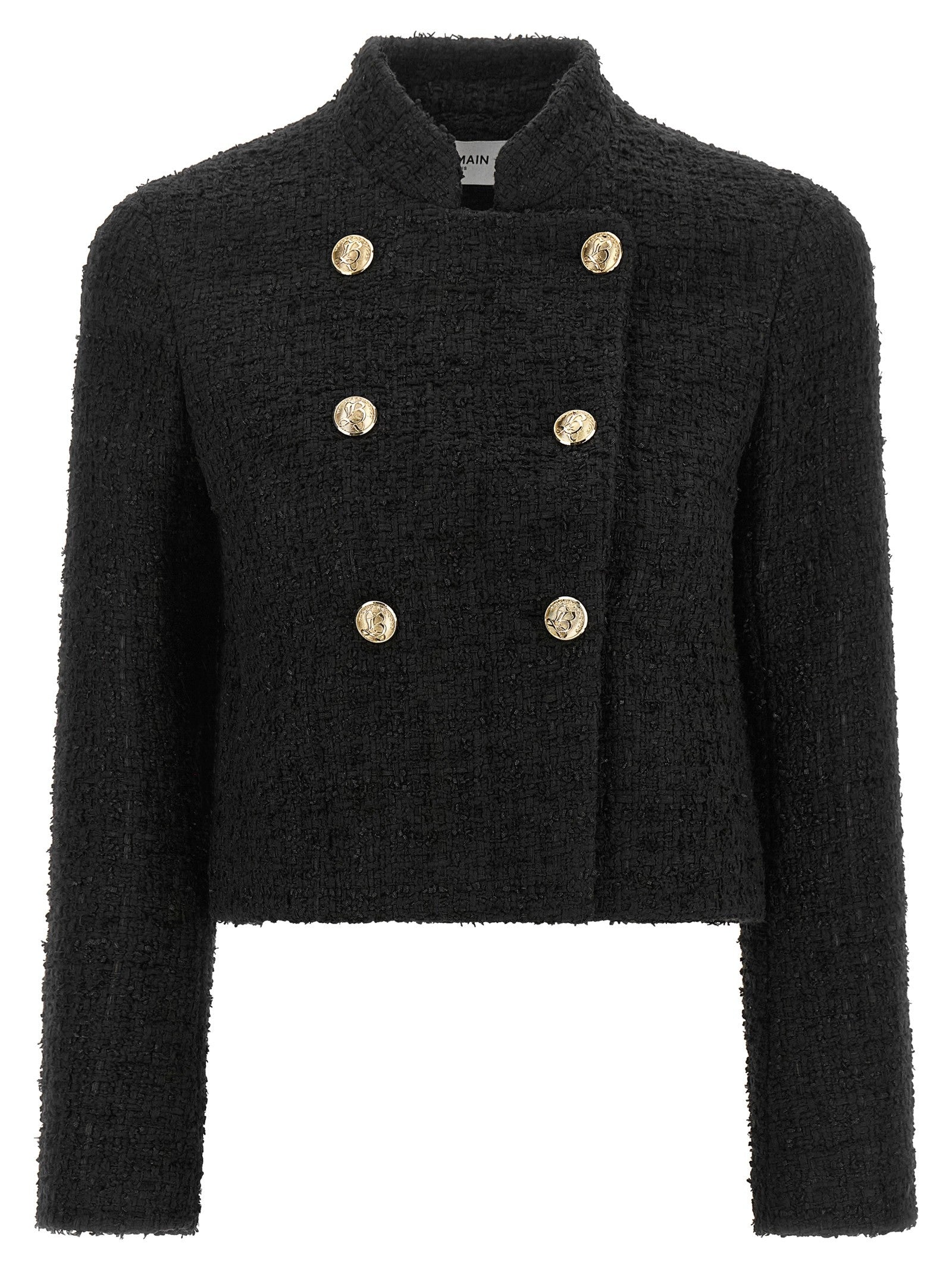 Balmain Double Breasted Tweed Short Jacket Black