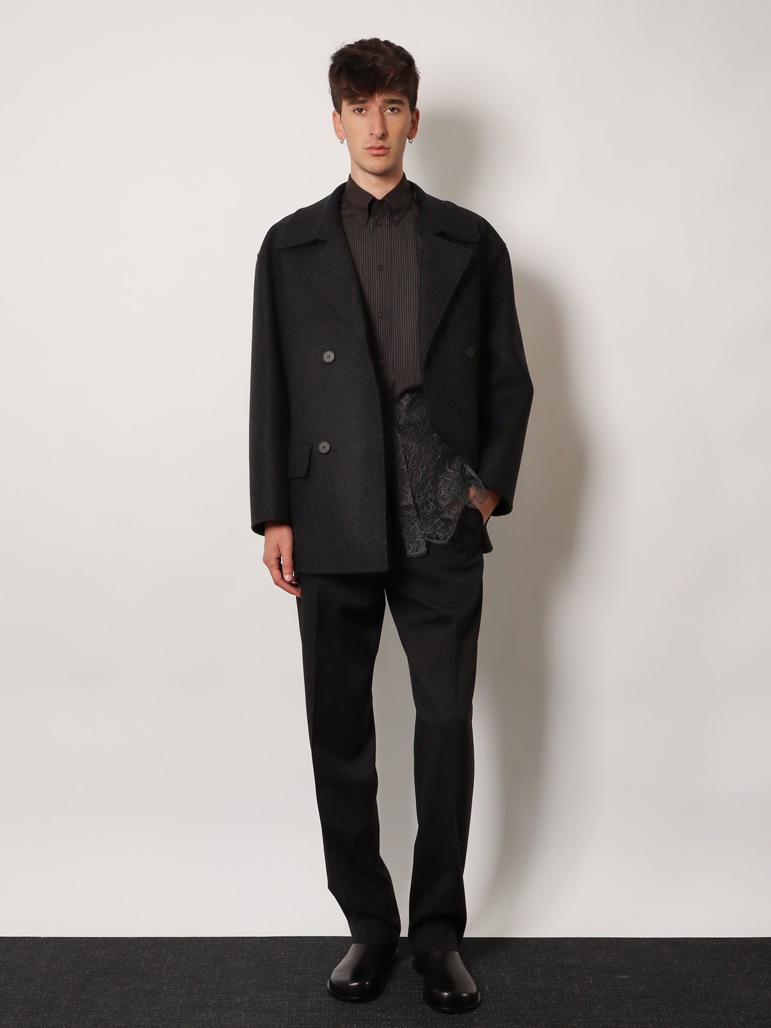 Fendi Men's Double Breasted Wool Felt Peacoat Grey