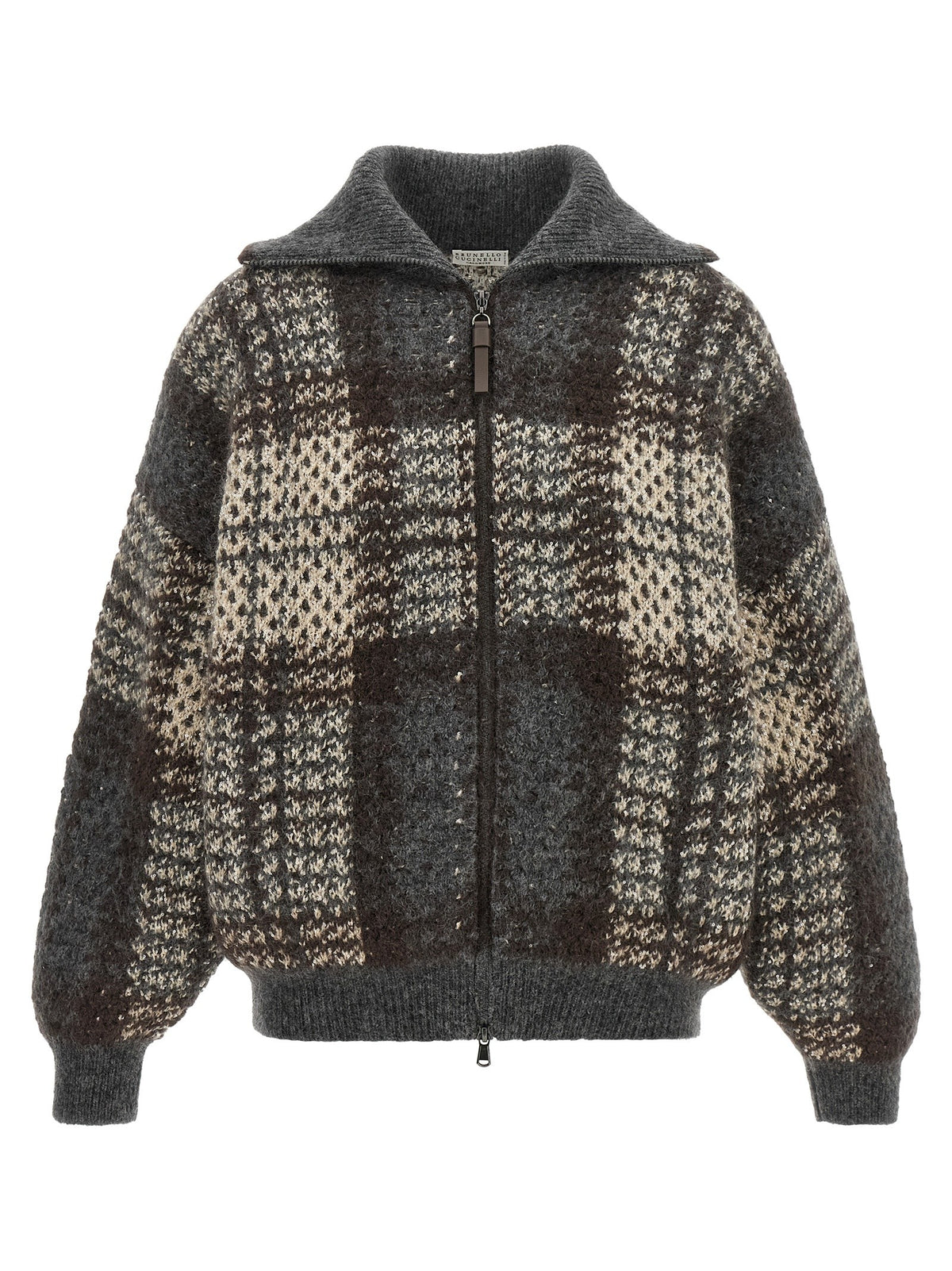 Brunello Cucinelli Double Dazzling Tartan Cardigan Grey