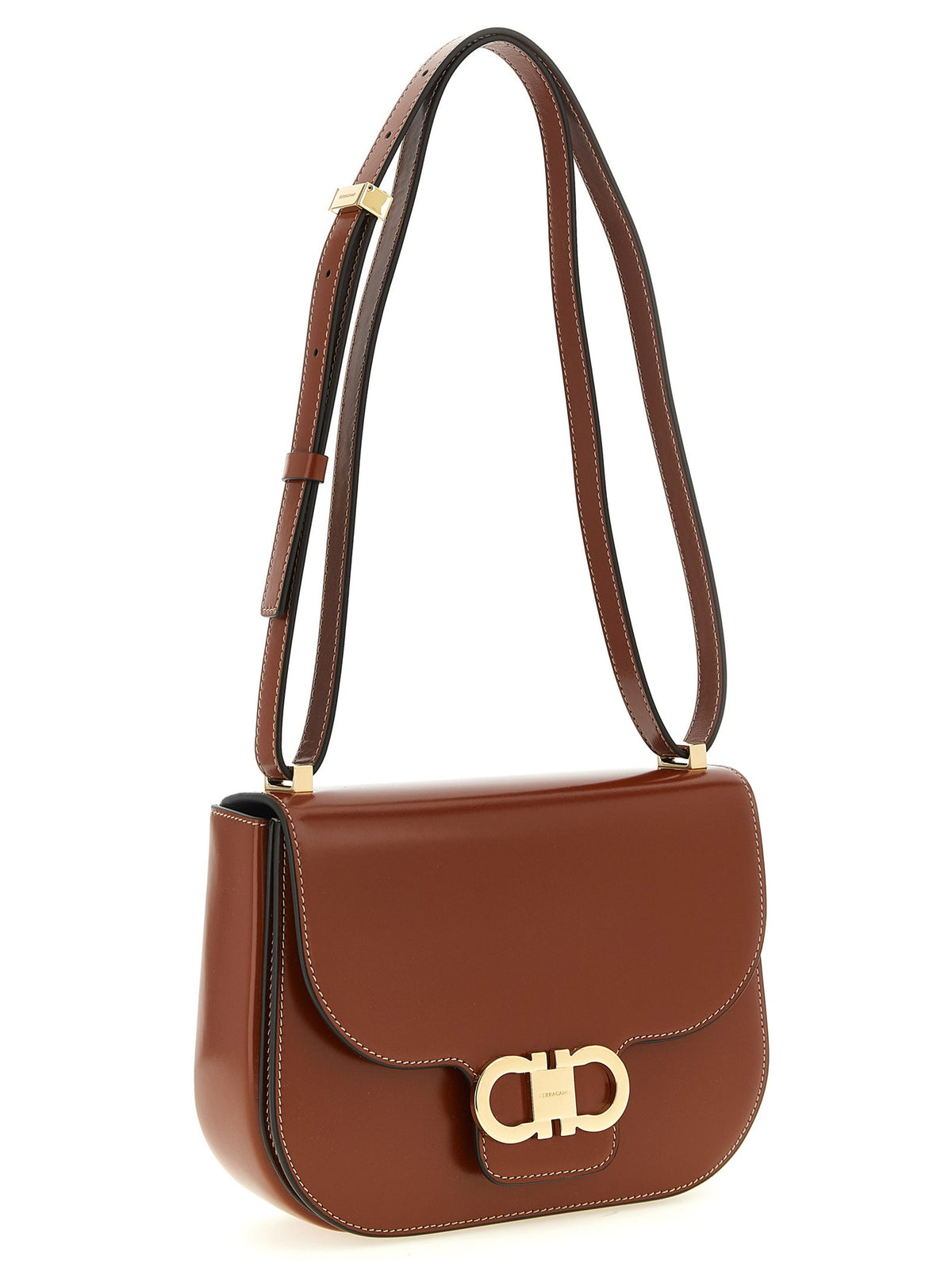 Ferragamo Double Gancini Closure Shoulder Bag Brown, view 3
