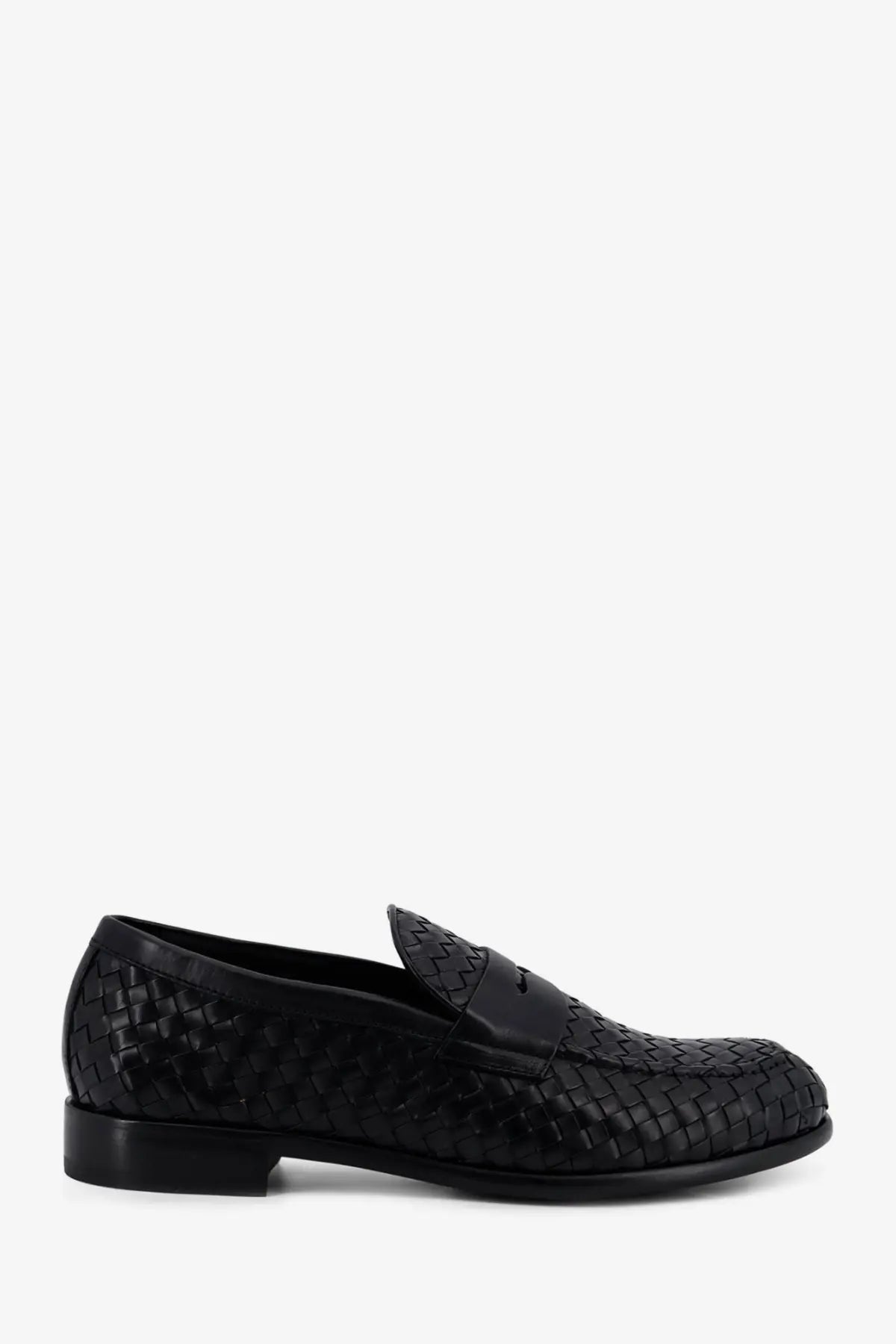 Doucal’s men’s adler black leather loafer with woven moccasin design and low profile sole