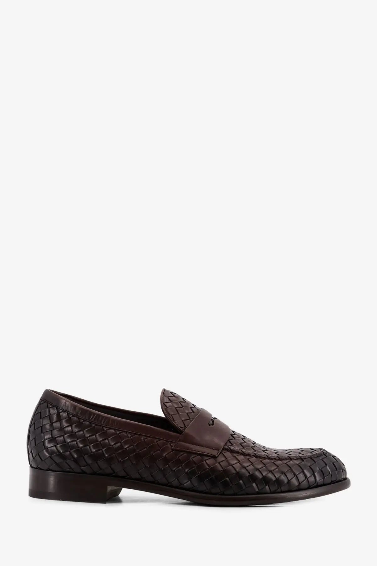 Dark brown woven leather loafer with braided texture and smooth leather strap from doucals men’s adler collection gold