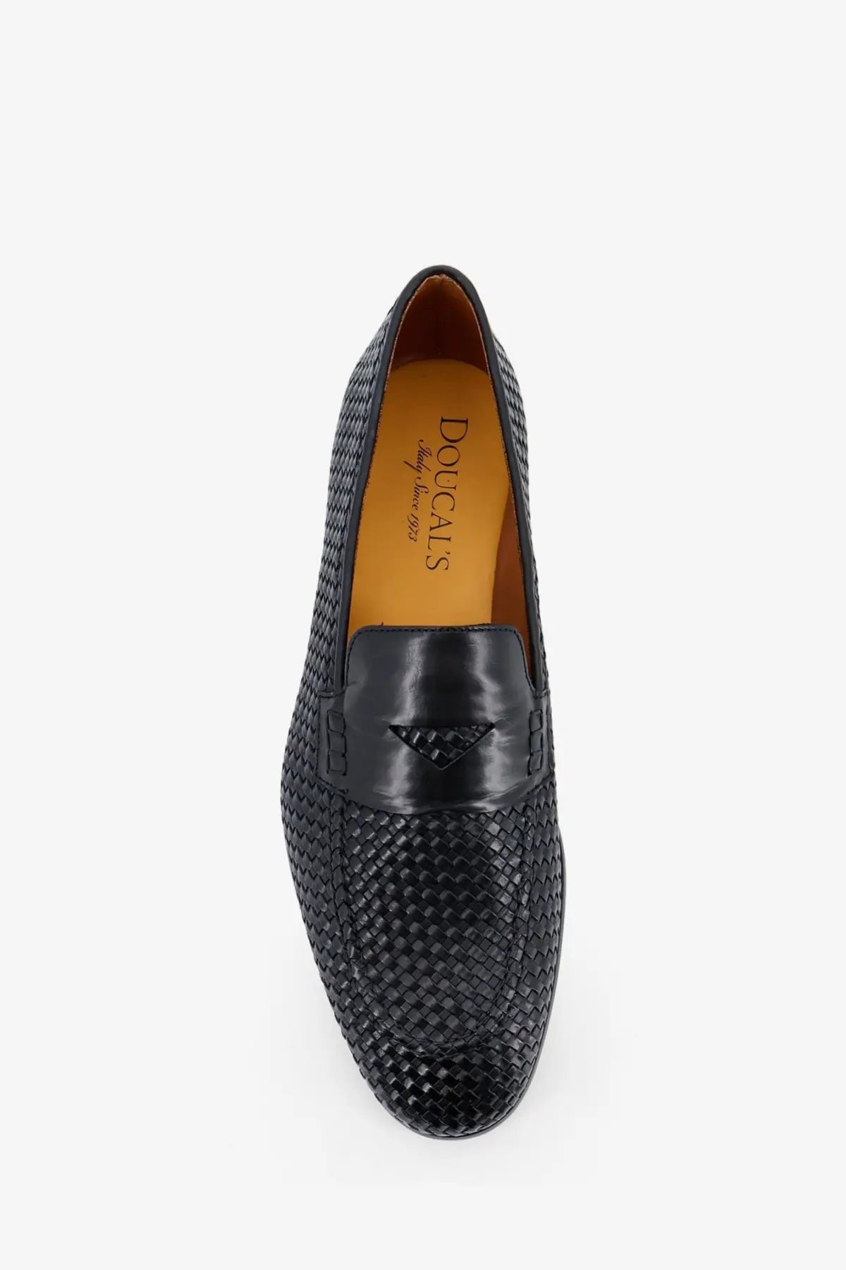 Doucal’s men’s braidy leather loafers black with woven leather and glossy black triangular strap detail
