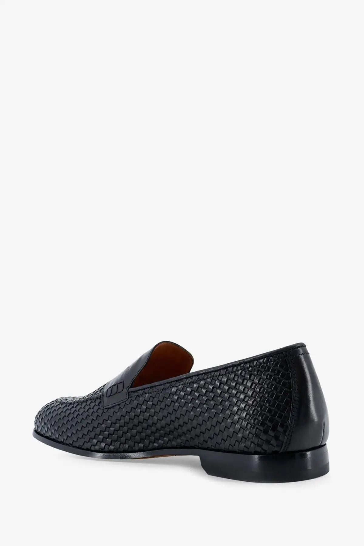 Doucal’s men’s braidy black woven leather loafer with polished finish and contrasting brown interior lining