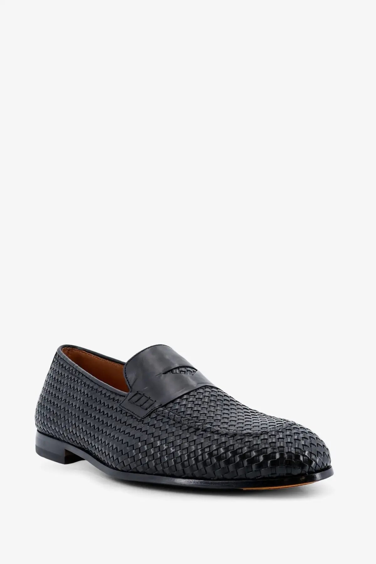 Doucal’s men’s braidy leather loafer in black with woven leather and smooth patent leather strap across the toe