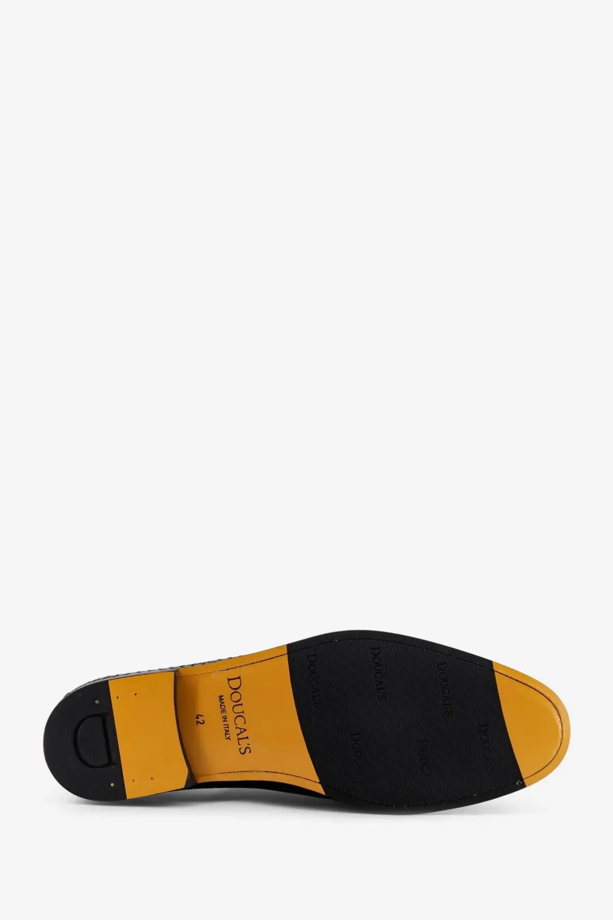 Black and mustard-yellow leather sole of doucals men’s braidy leather loafers gold shown from the back side