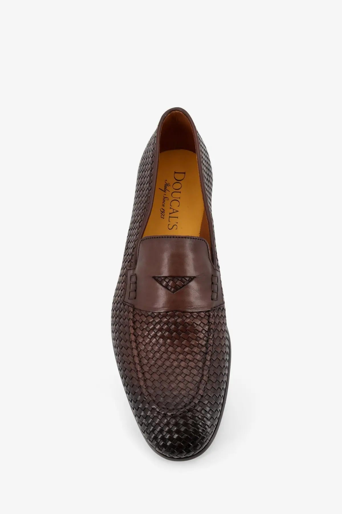 Brown woven leather loafer with smooth stitched strap across toe from Doucals men’s Braidy leather loafers gold collection