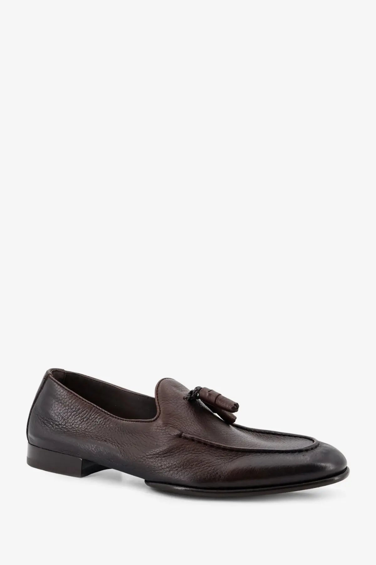 Doucal’s men’s daino leather loafers in dark brown with tassel detail at the front