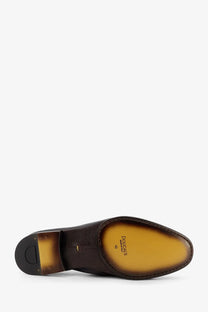 Doucal’s men’s daino leather loafers gold dark brown dress shoe with tan insole and black heel visible from back side