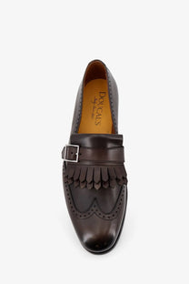Dark brown leather loafer with fringed strap and silver buckle from Doucal’s men’s Decò leather loafers gold collection
