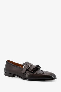 Doucal’s men’s decò dark brown leather loafer with silver buckle and decorative tassel in gold style