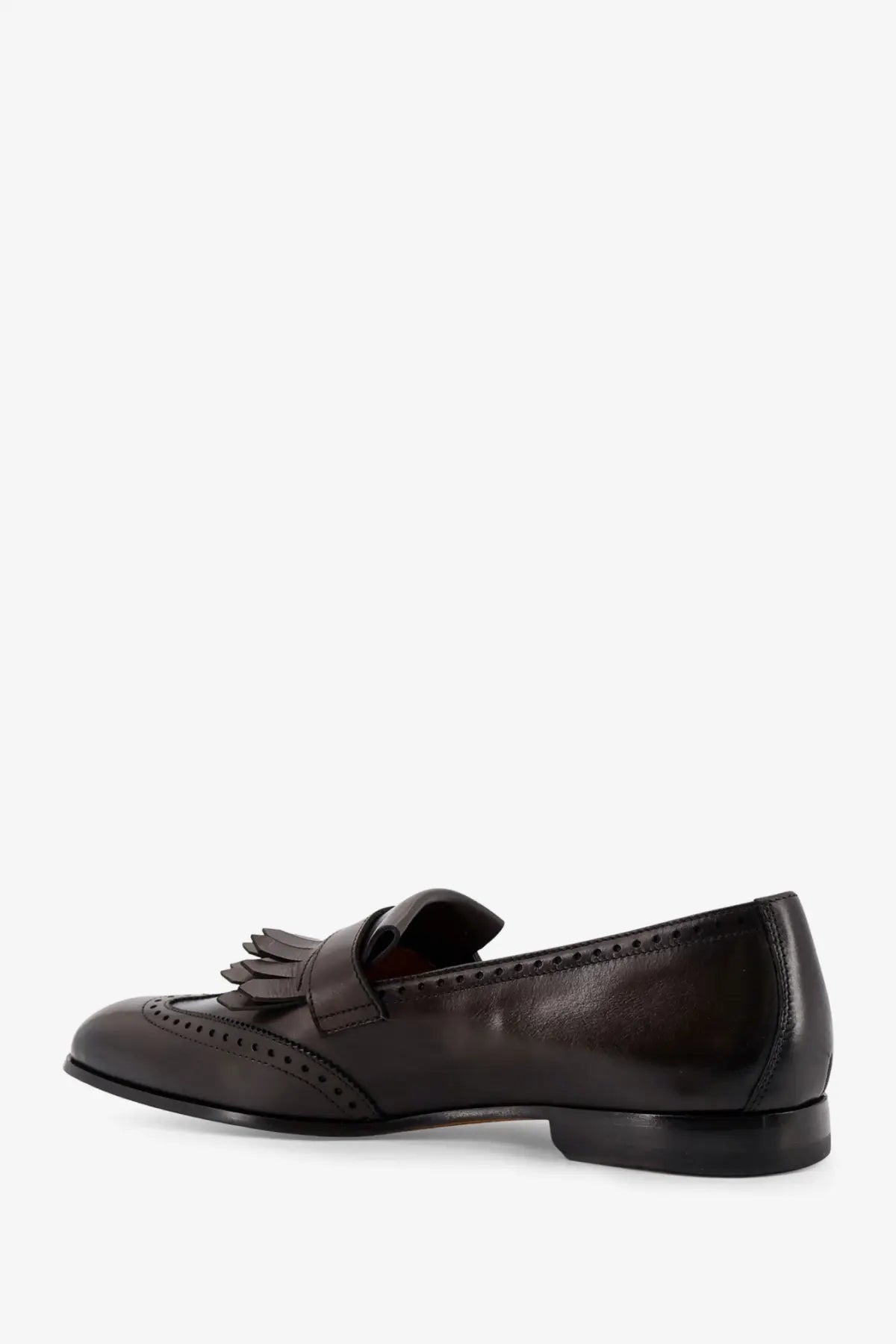 Doucal’s men’s decò dark brown leather loafers with tassel detail and brogue perforations in gold