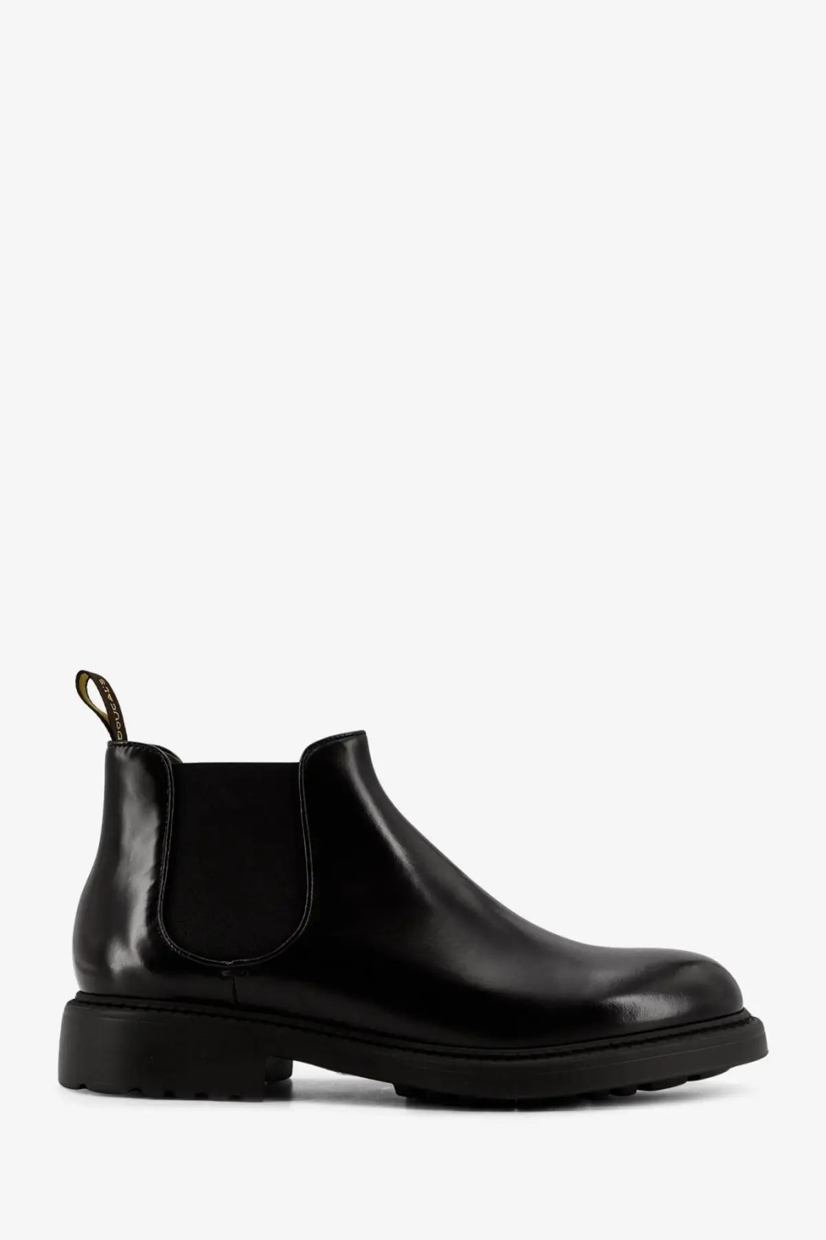 Doucal’s men’s leather boots black patent leather chelsea boot with chunky rubber sole and elastic side gussets
