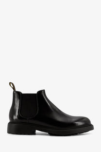 Doucal’s men’s leather boots black patent leather chelsea boot with chunky rubber sole and elastic side gussets