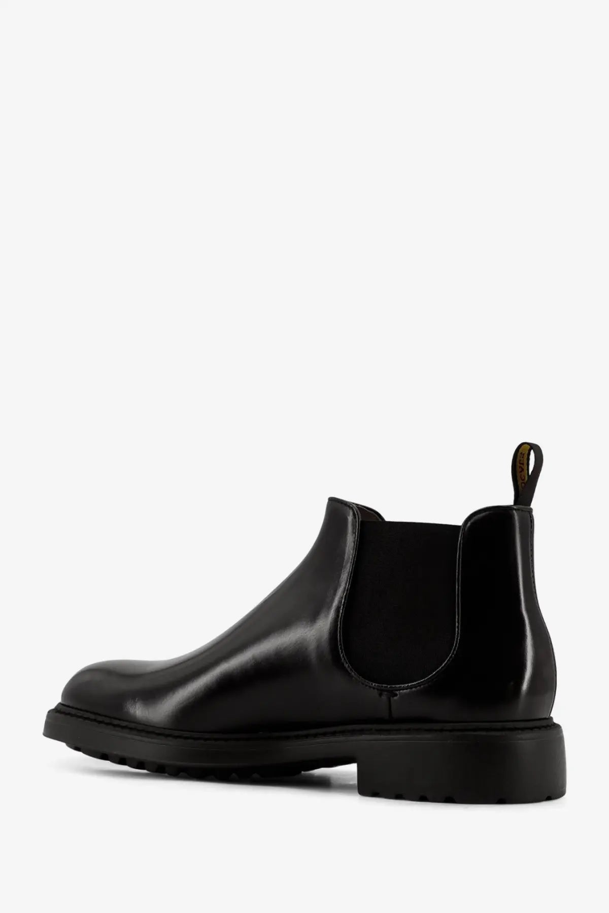 Doucal’s men’s black leather chelsea boot with black patent leather, chunky rubber sole, and elastic side gussets