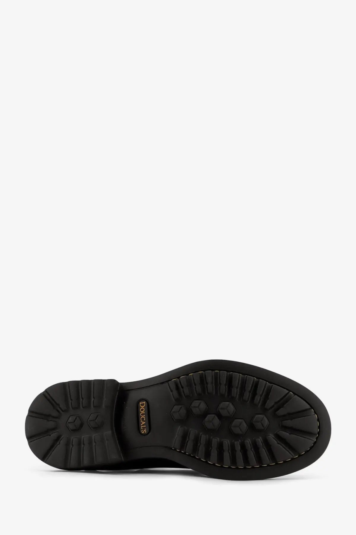 Back side of doucals men’s black leather boots showing black rubber sole with hexagonal tread and douglas branding