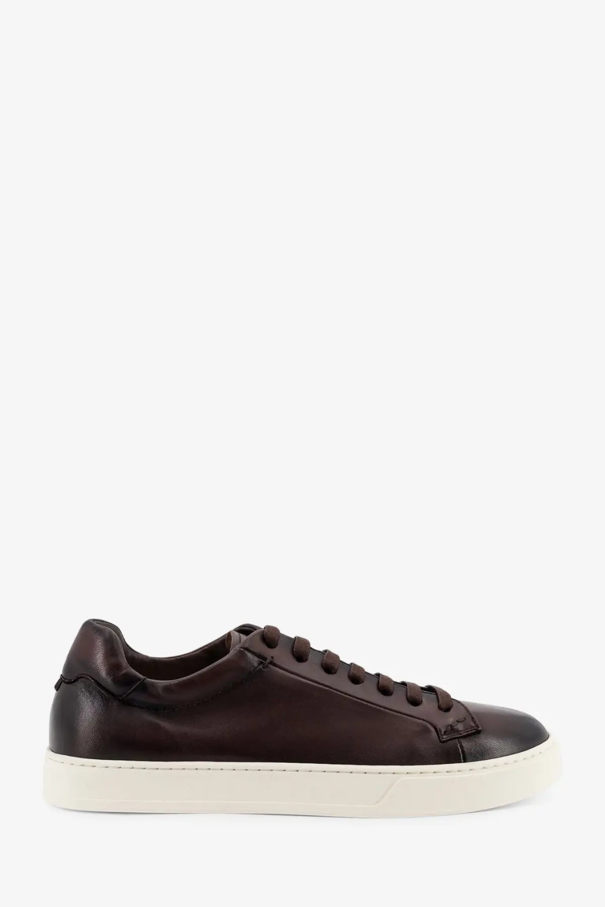 Doucal’s men’s morgan leather sneakers gold dark brown low-top leather sneaker with white rubber sole front view