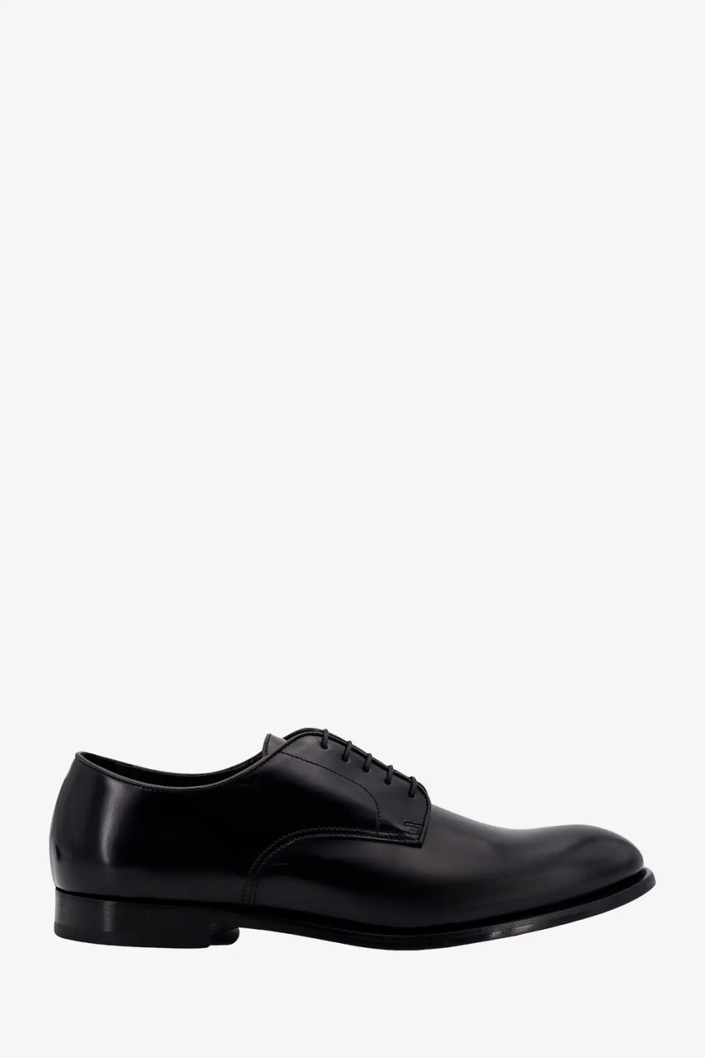 Doucal’s men’s black patent leather derby shoe with sleek polished finish and classic lace up design