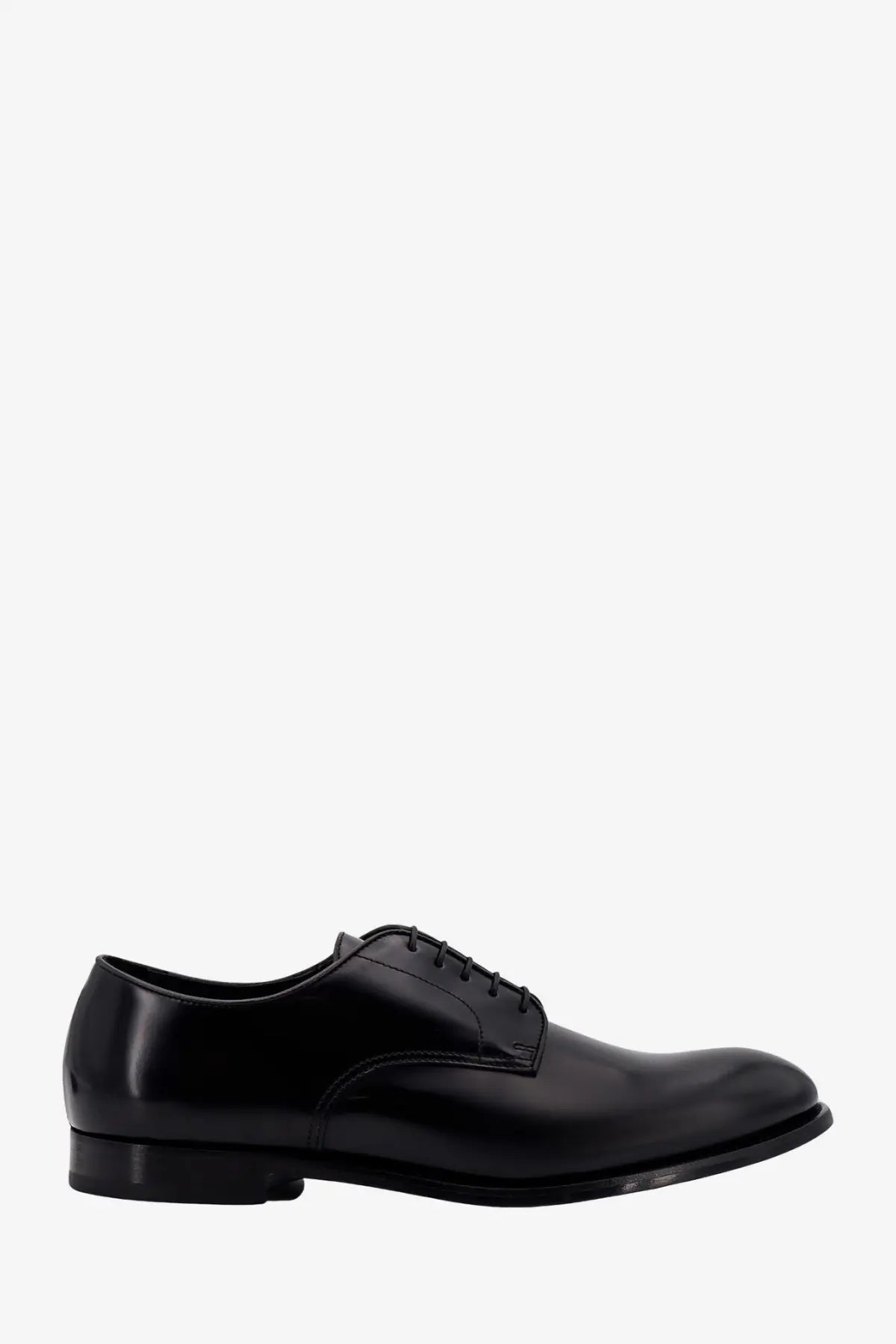 Doucal’s men’s black patent leather derby shoe with sleek polished finish and classic lace up design