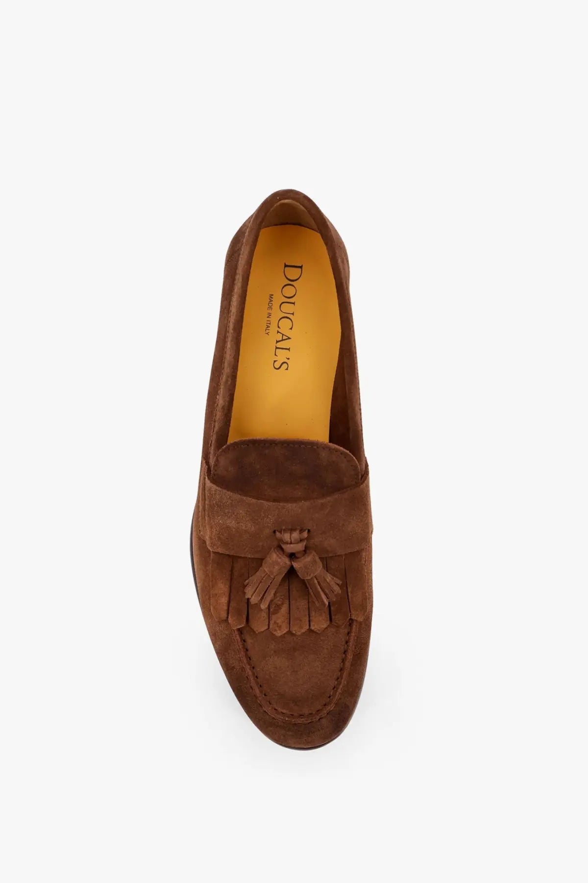Brown suede men’s loafer with tassel detail and doucals branding on the insole from doucals gold collection