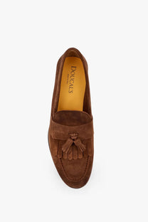 Brown suede men’s loafer with tassel detail and doucals branding on the insole from doucals gold collection
