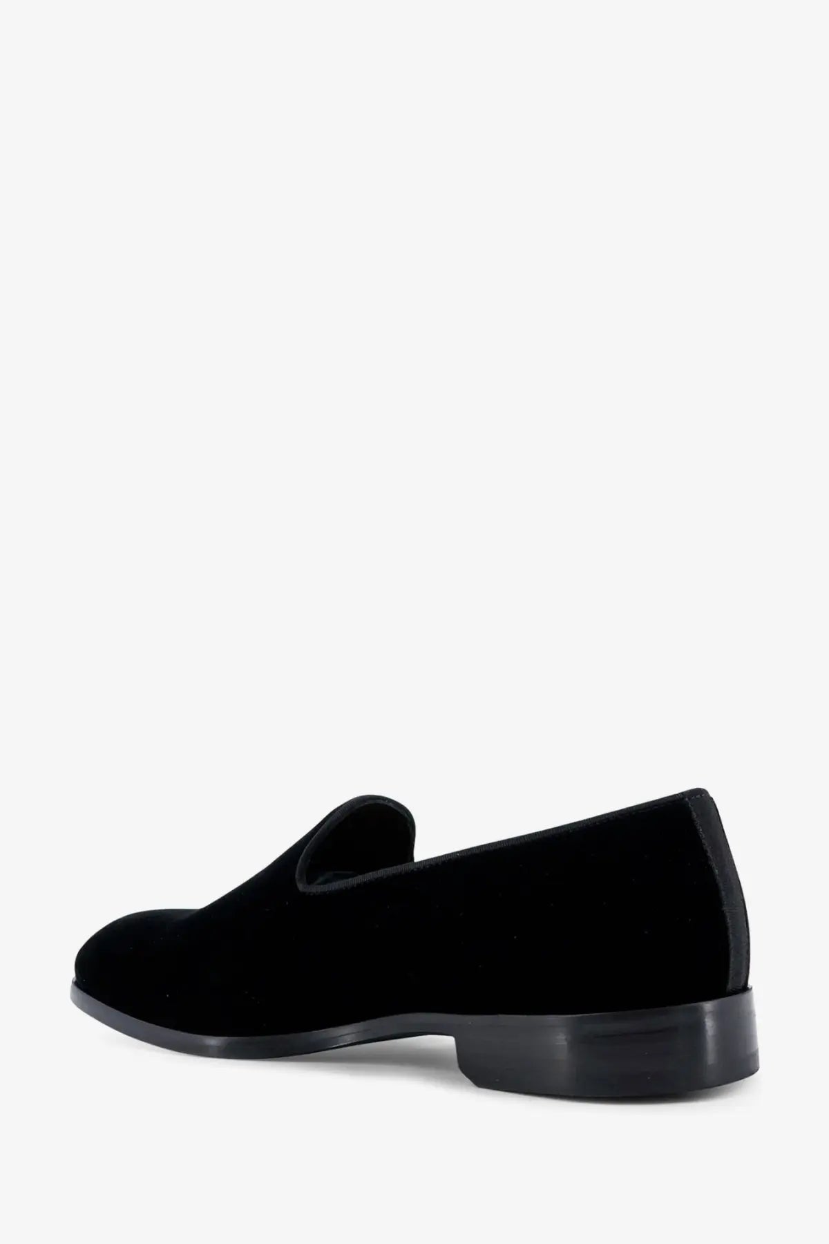 Doucal’s men’s black velvet slip-on loafer with low block heel and smooth black sole