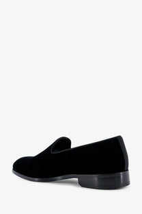 Doucal’s men’s black velvet slip-on loafer with low block heel and smooth black sole