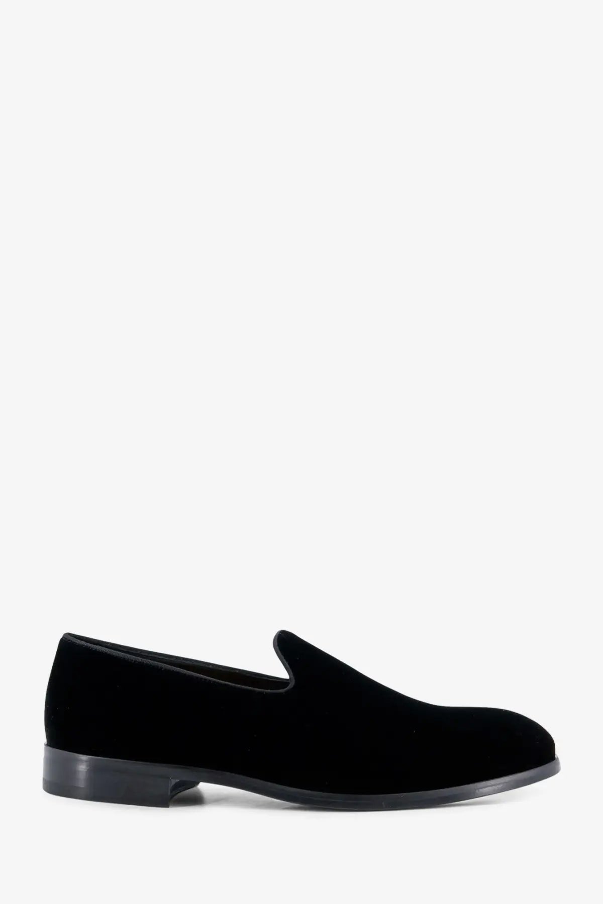 Doucal’s men’s black velvet slip-on loafers with sleek minimalist design and low-profile rubber soles