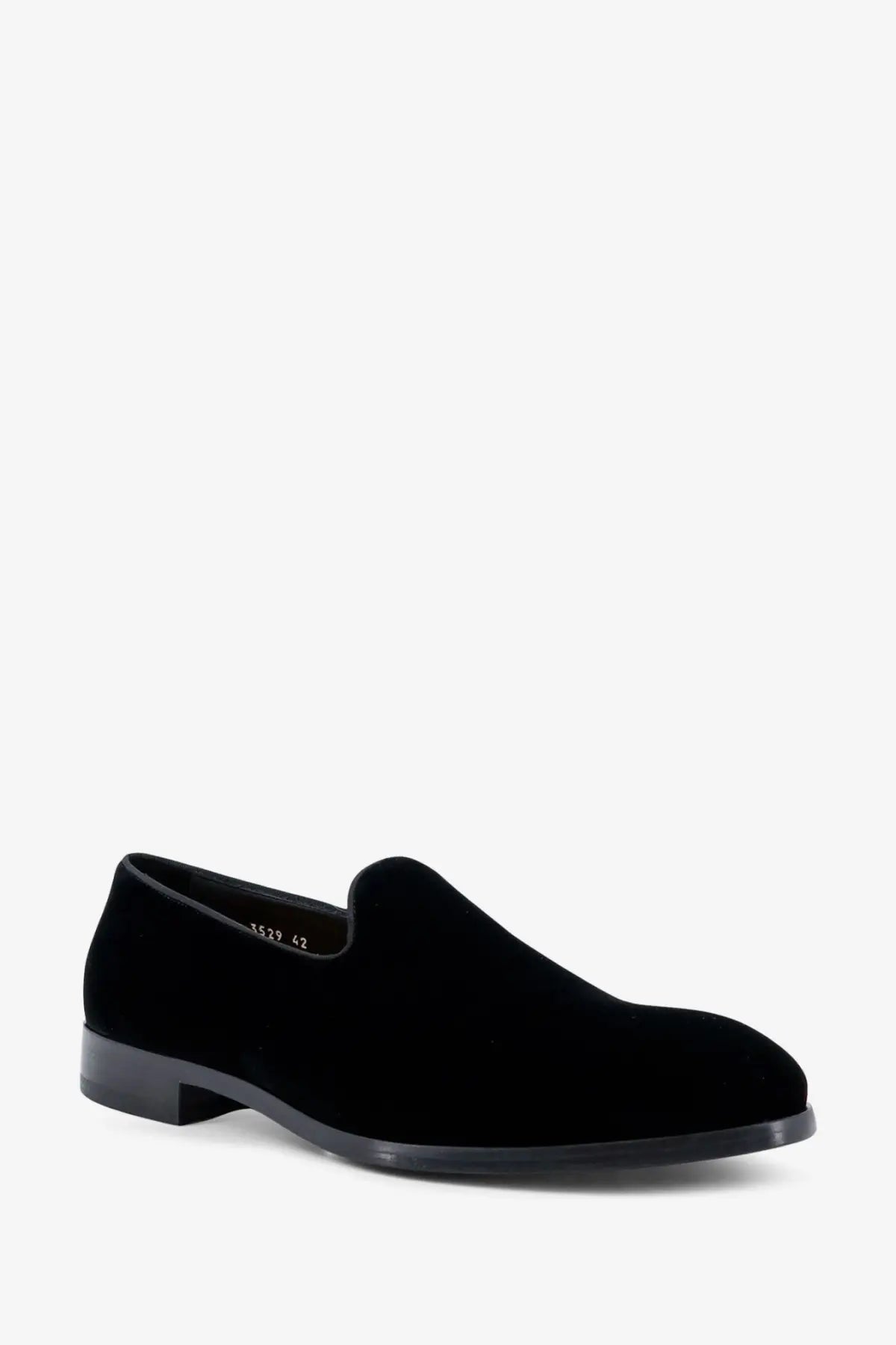 Doucal’s men’s black velvet slip-on loafer with a sleek low-profile heel and smooth black rubber sole